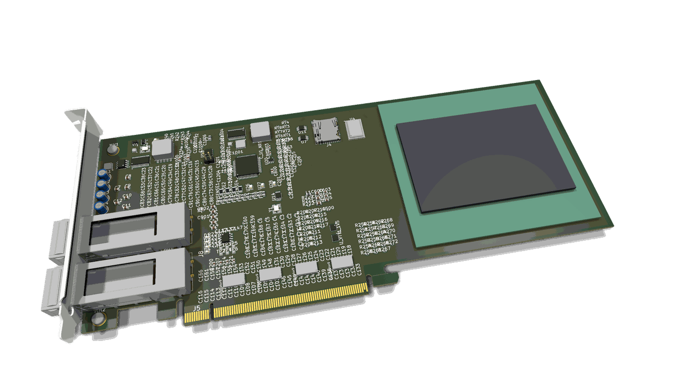 AutoPhi PCIe&nbsp;5.0 &middot; QSFP28 Optical &middot; BGA‑1536 accelerator card, 3D render from KiCad source
